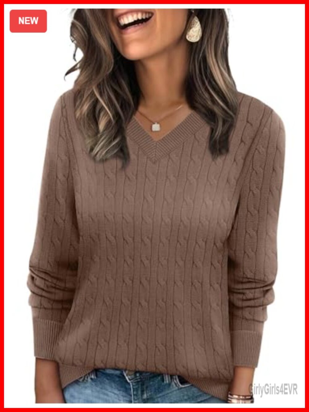 Cable Knit V Neck Long Sleeve Pullover Sweater
